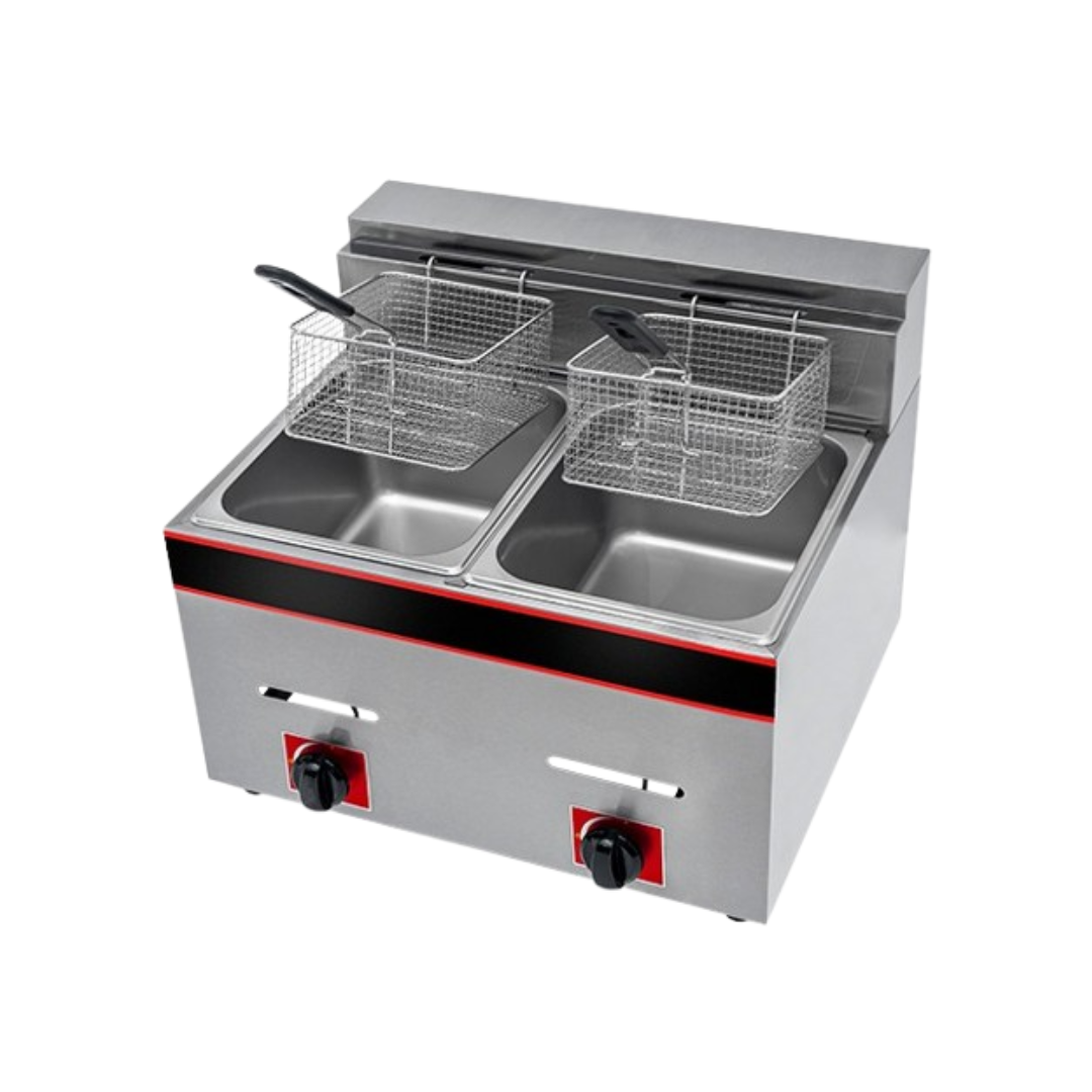 Freidora comercial, freidora de gas doble canasta de 12 L, acero inoxidable completo